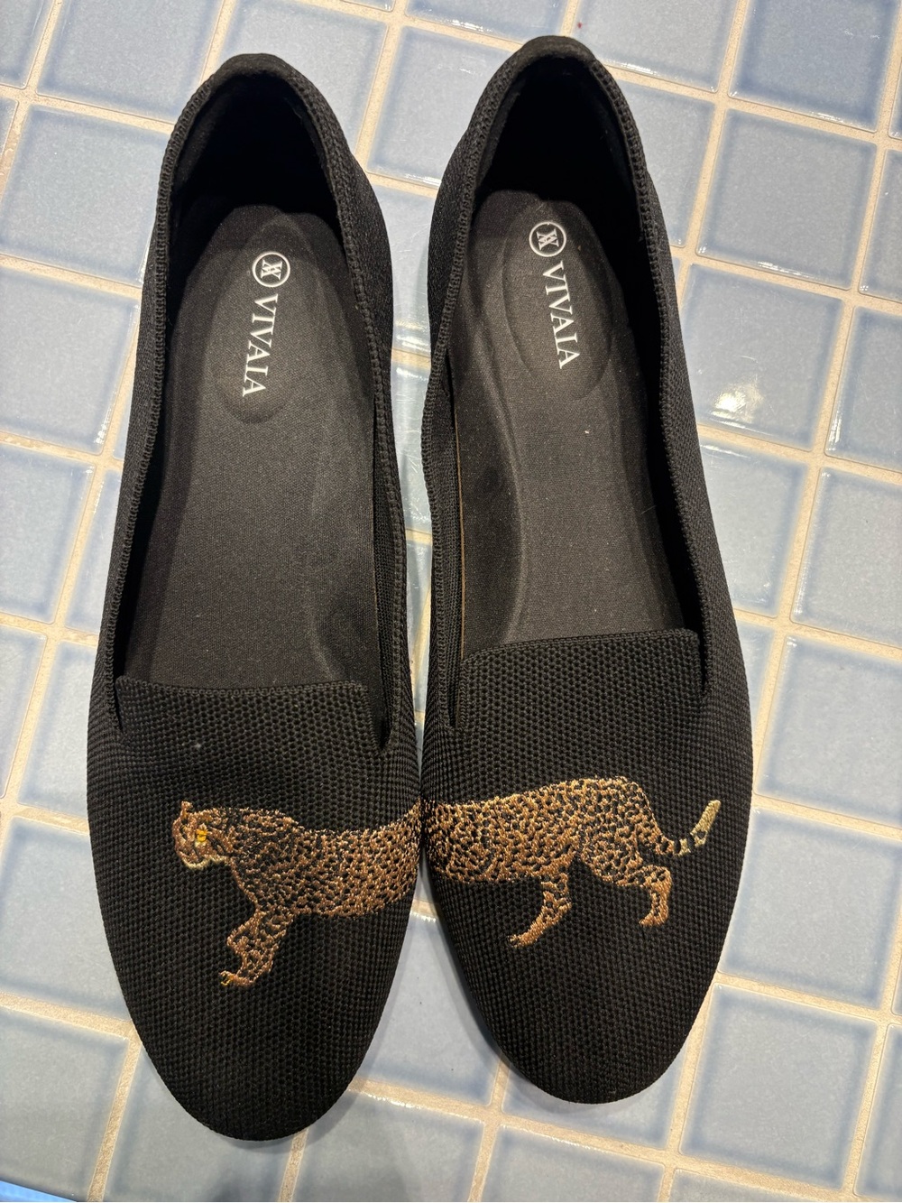VIVAIA Black Slip-On Loafers with Gold Leopard Motif
